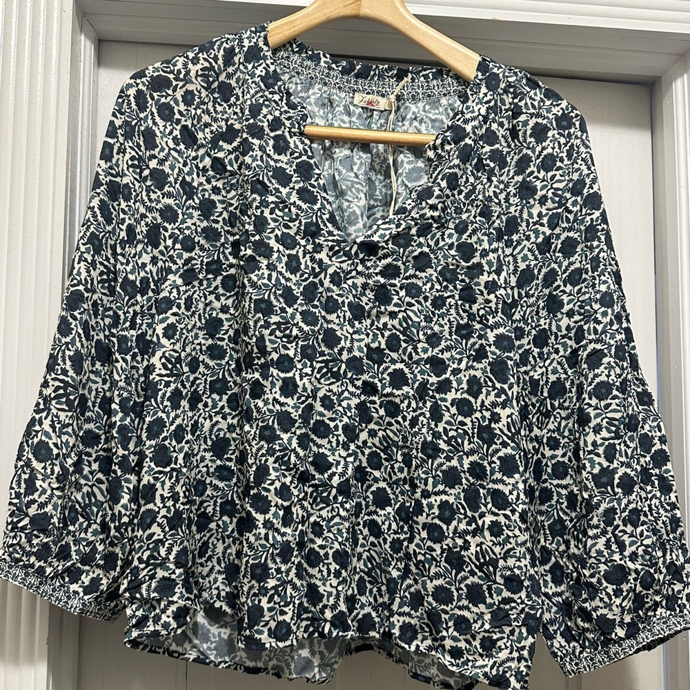Faherty Navy and Cream Floral Blouse